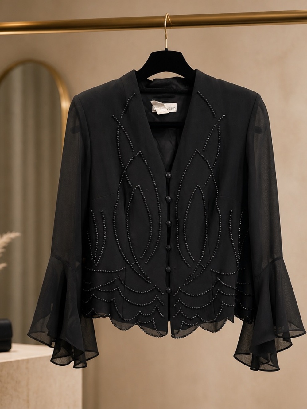 Dress Barn Black Beaded Sheer Bell-Sleeve Blouse